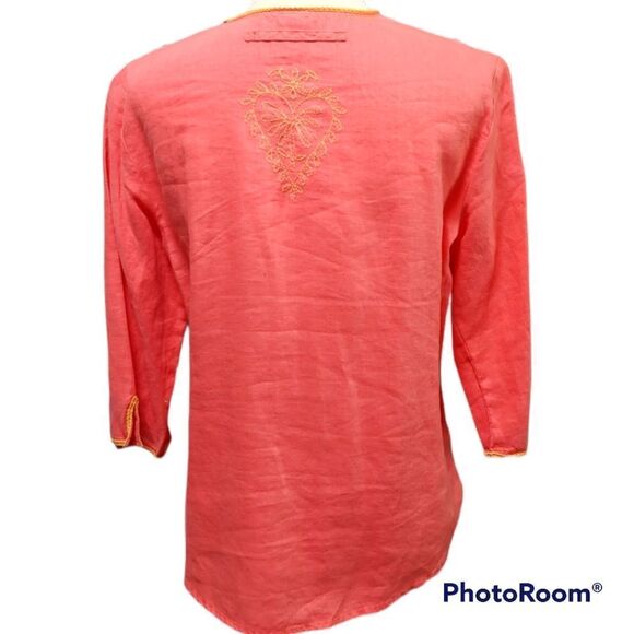 Gap large red 100% linen embroidered tie neckline quarter sleeve top - Picture 4 of 6